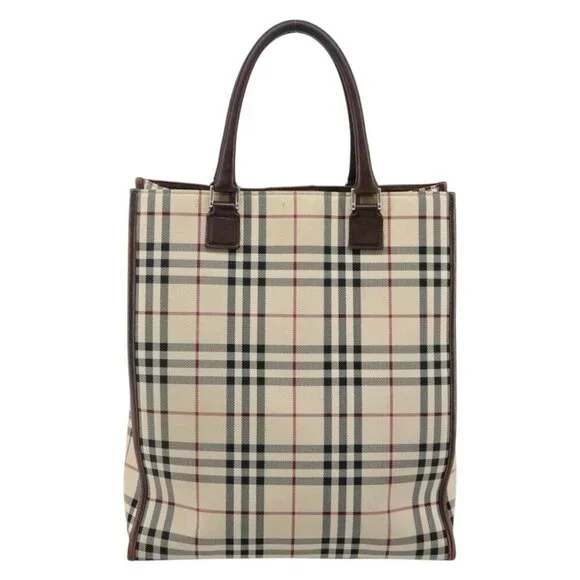 BURBERRY Nova Check Hand Bag Canvas Beige Silver Auth